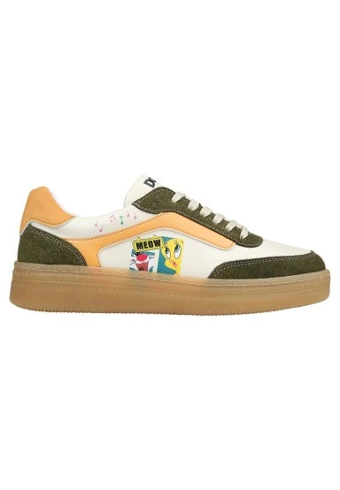 Femme Cuir Vegan Crème Baskets - Warner Bros Looney Tunes Sylvester and Tweety Motif - 
