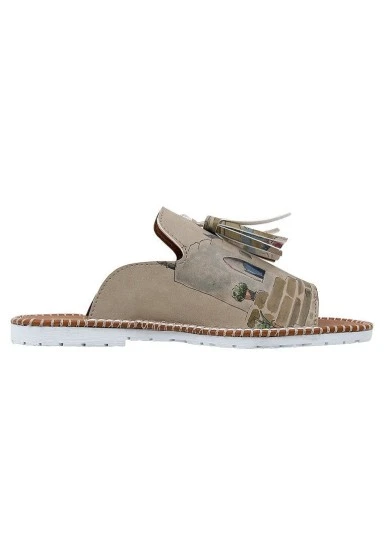 Femme Cuir Vegan Creme Chaussons - Paperflower Motif - 