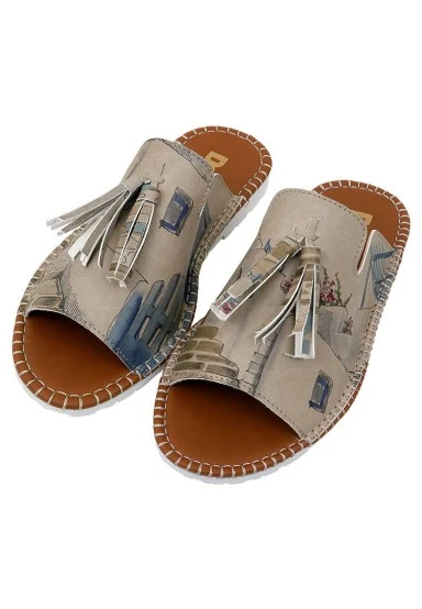 Femme Cuir Vegan Creme Chaussons - Paperflower Motif - 