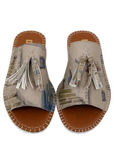 Femme Cuir Vegan Creme Chaussons - Paperflower Motif - 