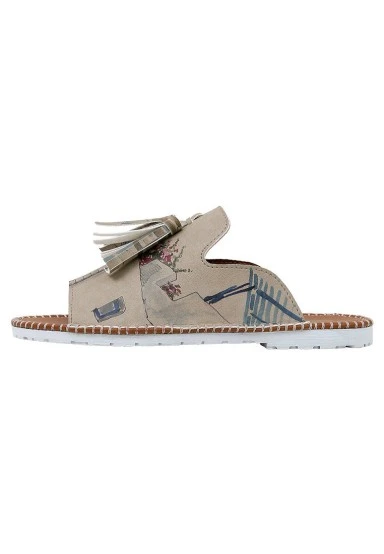 Femme Cuir Vegan Creme Chaussons - Paperflower Motif - 