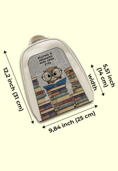 Femme Cuir Vegan Crème Sac à dos - The Wise Owl Motif - 