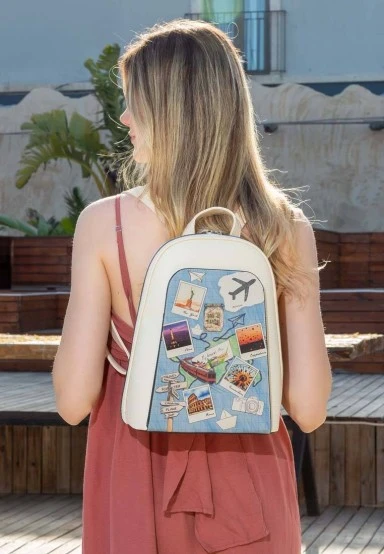 Femme Cuir Vegan Crème Sac à dos - Dare to Explore Motif - 