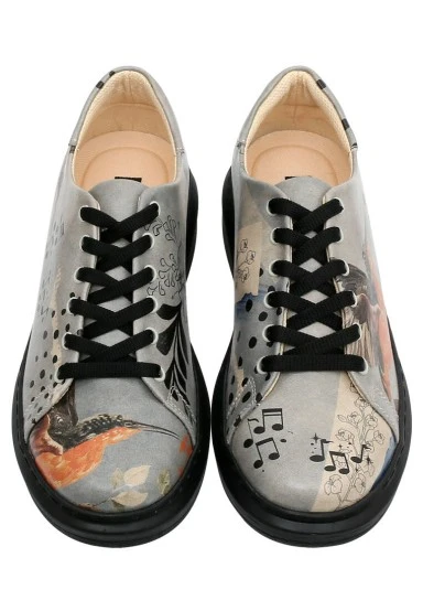 Femme Cuir Vegan Gris Baskets - Birds Chirping Motif - 