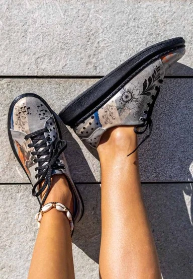 Femme Cuir Vegan Gris Baskets - Birds Chirping Motif - 