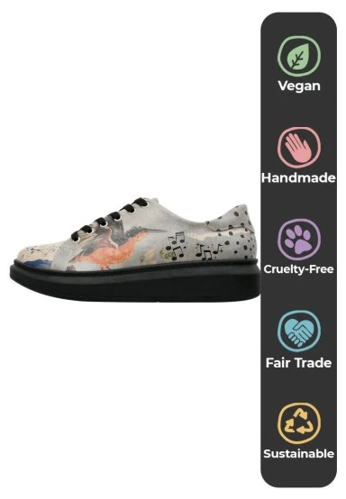Femme Cuir Vegan Gris Baskets - Birds Chirping Motif - 
