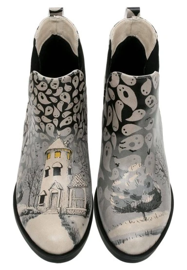 Femme Cuir Vegan Gris Booties - Spooky Town Motif - 