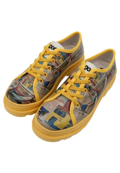 Femme Cuir Vegan Jaune Baskets - Sunsets and Silhouettes Motif - 