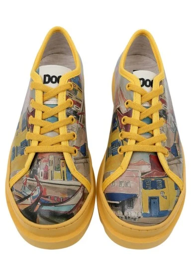 Femme Cuir Vegan Jaune Baskets - Sunsets and Silhouettes Motif - 