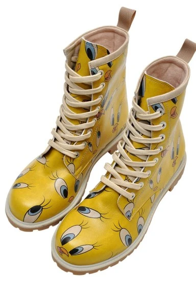 Femme Cuir Vegan Jaune Bottes Longues - Warner Bros Tweety in Yellow Motif - 