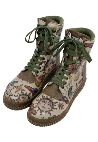 Femme Cuir Vegan Kaki Bottes Longues - Dreams For Dreamers Motif - 