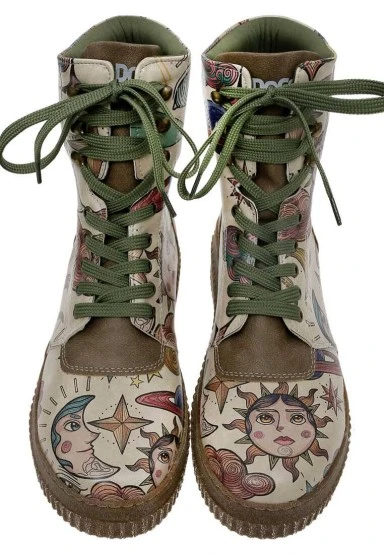 Femme Cuir Vegan Kaki Bottes Longues - Dreams For Dreamers Motif - 