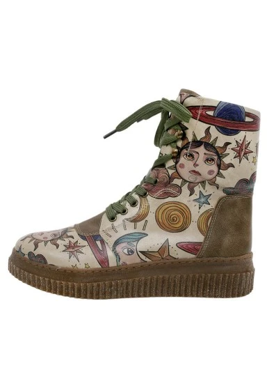 Femme Cuir Vegan Kaki Bottes Longues - Dreams For Dreamers Motif - 