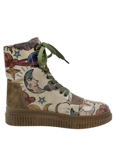 Femme Cuir Vegan Kaki Bottes Longues - Dreams For Dreamers Motif - 