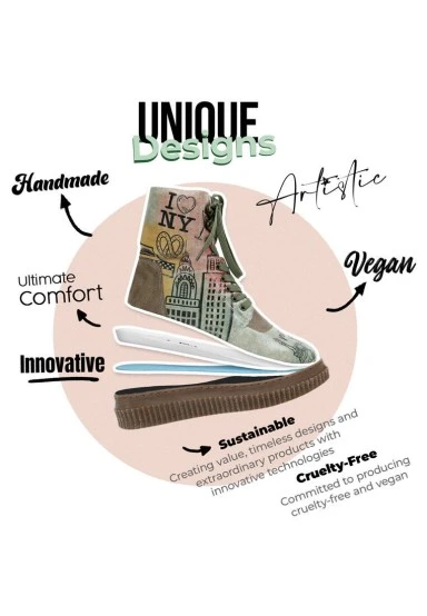 Femme Cuir Vegan Kaki Bottes Longues - New York Motif - 