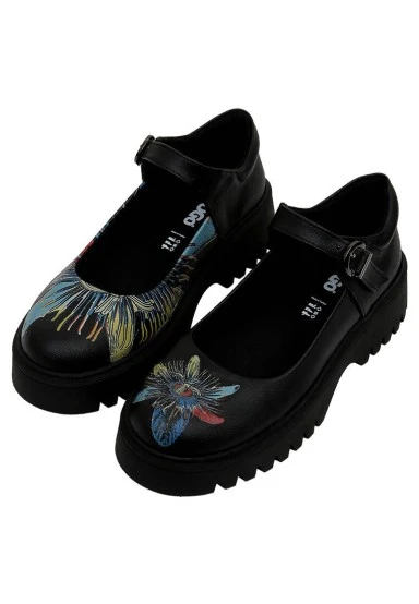 Femme Cuir Vegan Noir Mary Jane Mocassins - Passion Flower Motif - 
