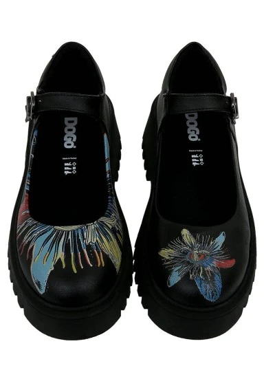 Femme Cuir Vegan Noir Mary Jane Mocassins - Passion Flower Motif - 