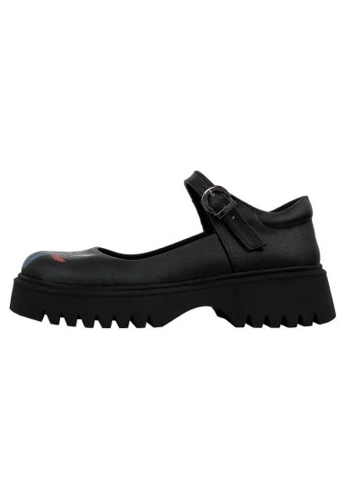 Femme Cuir Vegan Noir Mary Jane Mocassins - Passion Flower Motif - 