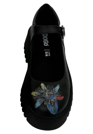Femme Cuir Vegan Noir Mary Jane Mocassins - Passion Flower Motif - 