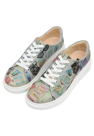 Femme Cuir Vegan Multicolore Baskets - Ready to Travel Motif - 
