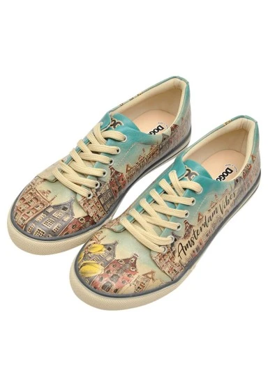 Femme Cuir Vegan Multicolore Baskets - Amsterdam Vibes Motif - 