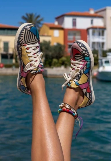 Femme Cuir Vegan Multicolore Baskets - Painting in Harmony Motif - 