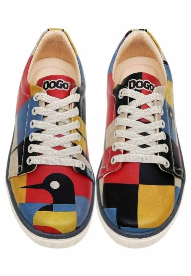 Femme Cuir Vegan Multicolore Baskets - Bauhaus Birdie Motif - 