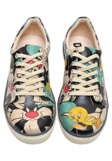 Femme Cuir Vegan Multicolore Baskets - Warner Bros Catch Me If You Can Tweety Motif - 