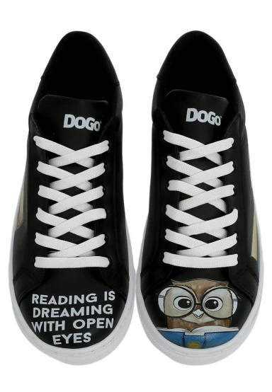 Femme Cuir Vegan Noir Baskets - The Wise Owl Motif - 
