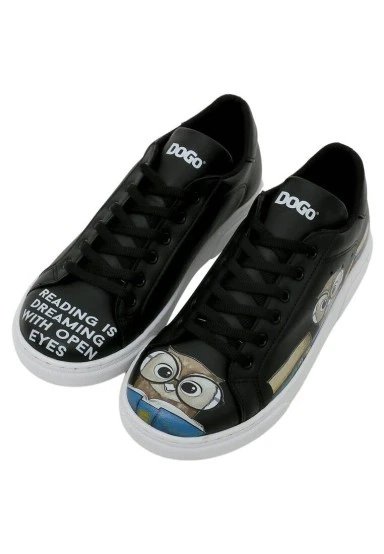 Femme Cuir Vegan Noir Baskets - The Wise Owl Motif - 