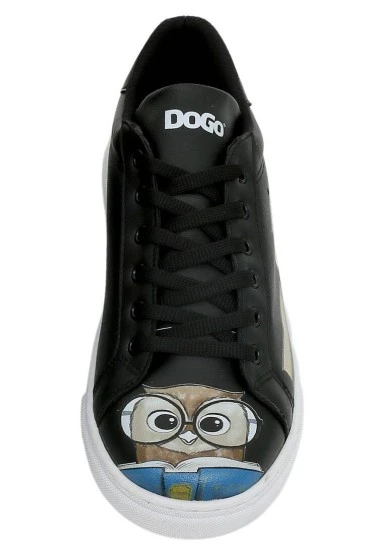 Femme Cuir Vegan Noir Baskets - The Wise Owl Motif - 