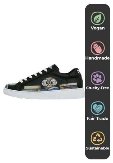 Femme Cuir Vegan Noir Baskets - The Wise Owl Motif - 