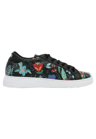 Femme Cuir Vegan Noir Baskets - Flowers & Birds Motif - 