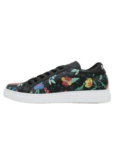 Femme Cuir Vegan Noir Baskets - Flowers & Birds Motif - 
