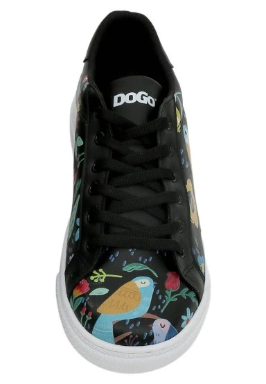 Femme Cuir Vegan Noir Baskets - Flowers & Birds Motif - 