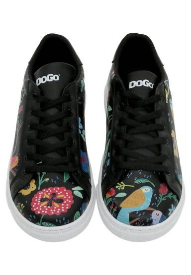 Femme Cuir Vegan Noir Baskets - Flowers & Birds Motif - 