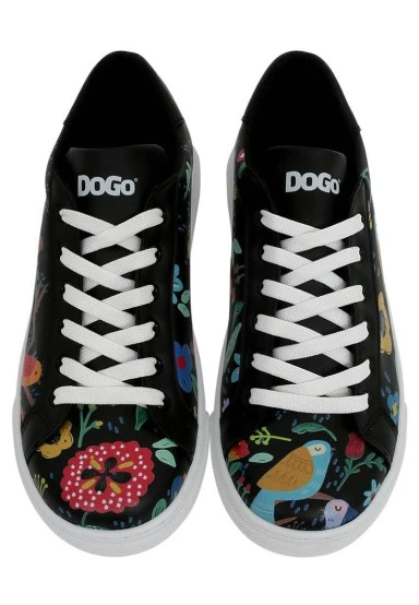 Femme Cuir Vegan Noir Baskets - Flowers & Birds Motif - 