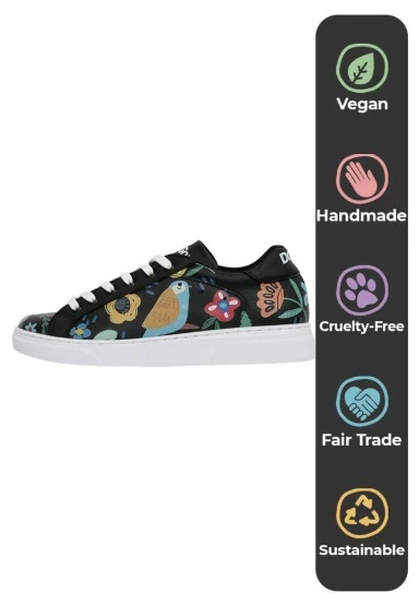 Femme Cuir Vegan Noir Baskets - Flowers & Birds Motif - 
