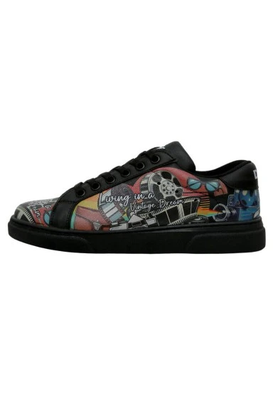 Femme Cuir Vegan Noir Baskets - Living in a Vintage Dream Motif - 