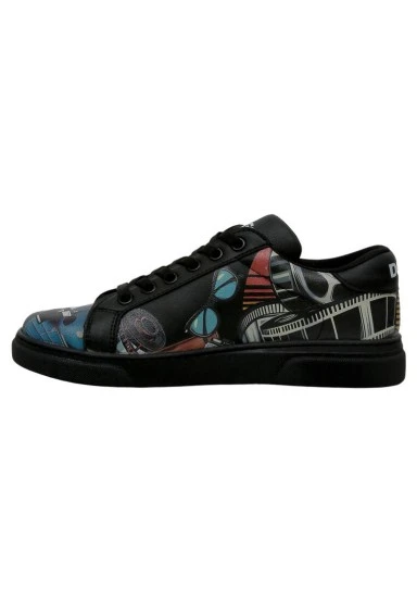 Femme Cuir Vegan Noir Baskets - Living in a Vintage Dream Motif - 