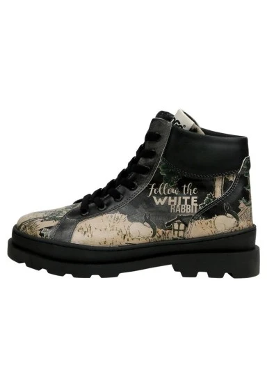 Femme Cuir Vegan Noir Bottes - White Rabbit Motif - 