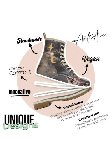 Femme Cuir Vegan Noir Bottes Longues - Owls Family Motif - 