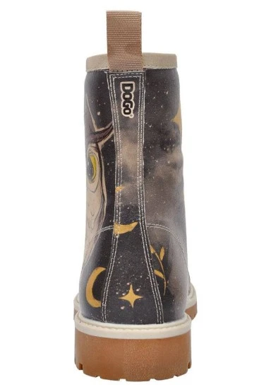 Femme Cuir Vegan Noir Bottes Longues - Owls Family Motif - 