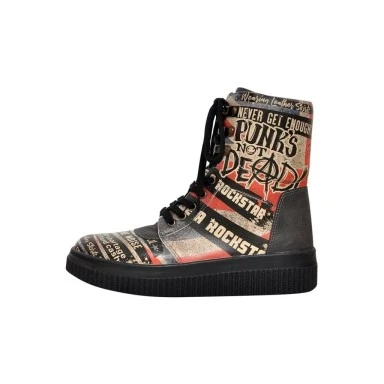 Femme Cuir Vegan Noir Bottes Longues - British Punk Motif - 