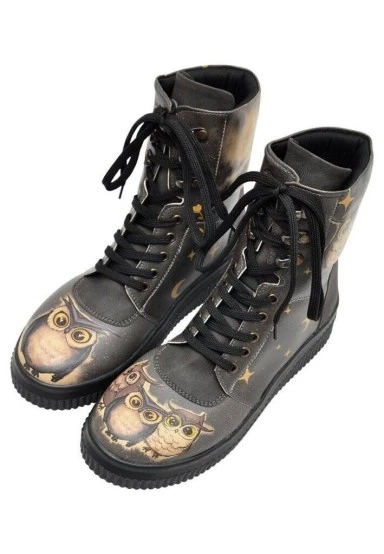Femme Cuir Vegan Noir Bottes Longues - Owls Family Motif - 