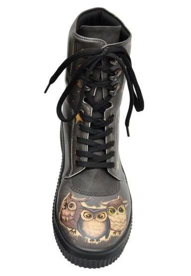 Femme Cuir Vegan Noir Bottes Longues - Owls Family Motif - 