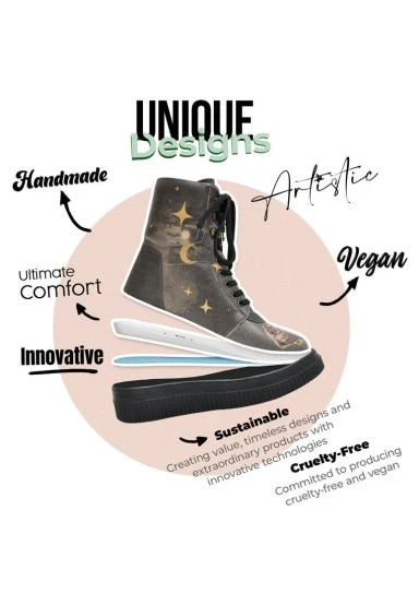 Femme Cuir Vegan Noir Bottes Longues - Owls Family Motif - 