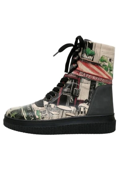 Femme Cuir Vegan Noir Bottes Longues - La Vie Parisienne Motif - 