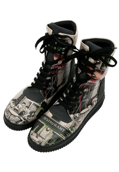 Femme Cuir Vegan Noir Bottes Longues - La Vie Parisienne Motif - 