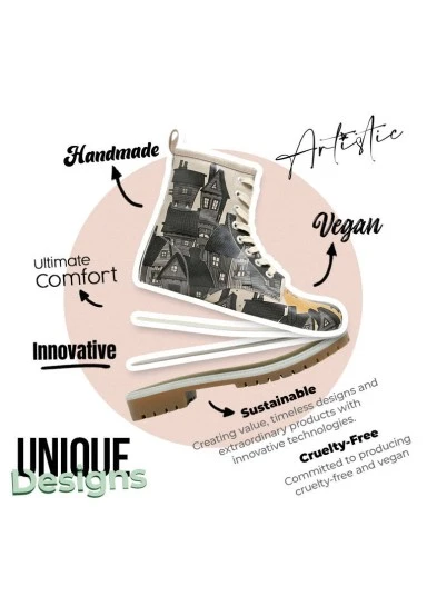 Femme Cuir Vegan Noir Bottes Longues - Night Lovers Motif - 